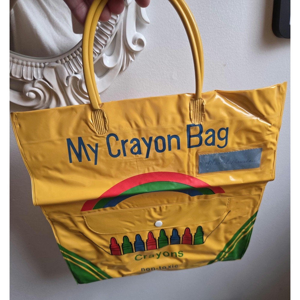 Vintage 1970s My Crayon Bag Yellow Vinyl Tote Made in Taiwan Retro School Bag